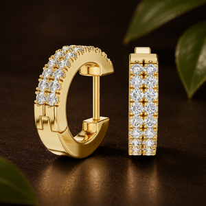 14K 18K <b>Solid</b> <b>Gold</b> Double Row Pave <b>Huggie</b> Hoop Earrings E VVS VS Round Lab Grown Diamond CVD HPHT Fine Women Bridal Jewellery - Product Image 1