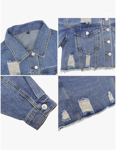 Women's Distressed Denim Jacket Cropped Vintage Formal Style <b>Button</b> Front Solid Color Windproof Breathable Eco-Friendly - Product Image 6
