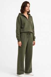 Conjunto Deportivo con Capucha para Mujer, Color Verde Oliva, Chaqueta con Cierre y Pantalones Anchos con Cordón, Estilo Casual y Holgado, 2 Piezas - Product Image 4