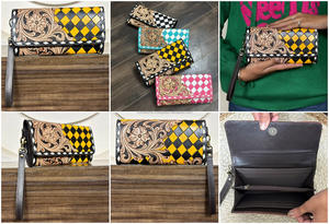 Cartera Larga de Cuero Genuino con Diseño Floral Occidental y Patrón a Cuadros, Hecha a Mano y de Lujo, con Monedero y Bolsillo para Monedas para Mujer - Product Image 3