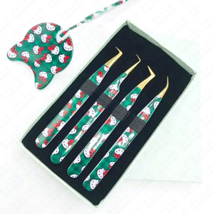 Juego de 4 Pinzas para Extensión de Pestañas con Diseño de Gatito, Acero Inoxidable Verde, Herramientas para Pestañas con Espejo, Diseño Bonito, Recubrimiento de Papel, Personalizadas - Product Image 3