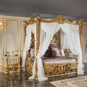 Cama con Dosel de Lujo Estilo Rococó Francés, de Caoba con Tallado a Mano en Dorado, Tamaño King, con Cuatro Postes y Almacenamiento, para Dormitorio Europeo Antiguo - Product Image 3