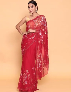 KV <b>Red</b> Colour Chinon Fabric Saree With Unstitched <b>Blouse</b> - Product Image 2