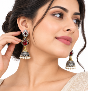 Boucles d'oreilles pendantes Jhumka en laiton plaqué or et argent antique, bicolores oxydés, style indien bohème, avec serti clochette, pour mariage, vente en gros - Product Image 6