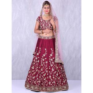 Maroon <b>Applique</b> Embroidery Work Banglory Silk Lehenga Choli - Product Image 1