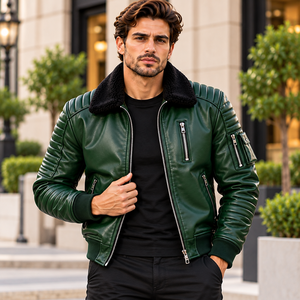 Wholesale <b>Men's</b> Genuine Leather <b>Flight</b> <b>Jacket</b> with Shearling Collar Quilted Shoulders Custom Color OEM Zip Pocket Outerwear - Product Image 6