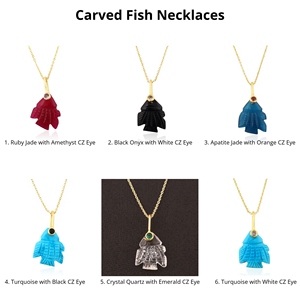Carved Fish Gemstone Pendant Necklace <b>with</b> Tiny CZ Eye Accents 18k Gold Plated Unisex Classic Style Jewelry Brass Chain Necklace - Product Image 1