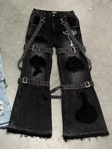2026 HaiYao High Quality Custom <b>Jeans</b> Ripped Distressed Rivet Wide Leg Streetwear Hiphop Y2K OEM ODM Cotton Men's Denim <b>Jeans</b> - Product Image 2