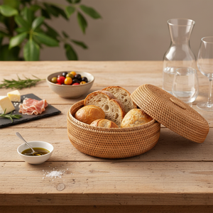 Eco Style Rattan Basket with Lid Handwoven Fruit Serving Basket <b>for</b> Kitchen Dining and Home Decor <b>Storage</b> - Product Image 5
