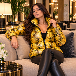 Chaqueta Acolchada de Cuero con Estampado de Piel de Serpiente Amarilla para Mujer – Prenda de Invierno Moderna con Cuello Alto - Product Image 2