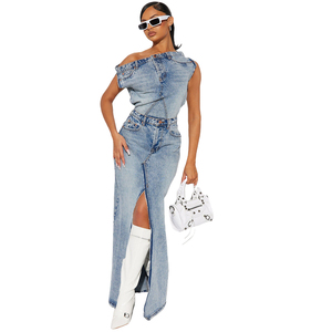 Robe en jean asymétrique à fente haute et poches, bleu délavé, style décontracté pour femme, collection été - Product Image 3