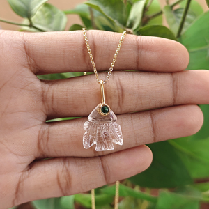 Carved Fish Gemstone Pendant Necklace <b>with</b> Tiny CZ Eye Accents 18k Gold Plated Unisex Classic Style Jewelry Brass Chain Necklace - Product Image 2