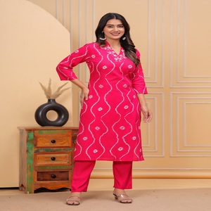 Conjunto de Kurti y Pantalón Estampado Rosa para Mujer, Mangas 3/4, Ropa Étnica Informal, Conjunto de Kurti Recto - Product Image 1