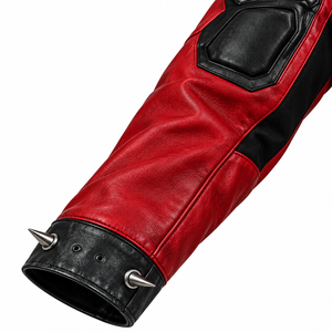 Chaqueta Bomber de Cuero Genuino Roja y Negra para Hombre, Cuello Alto, con Tachuelas, Cierre de Cremallera, Ajustada, Transpirable, Ecológica, Informal, de Invierno - Product Image 4