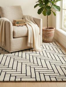 Hing Dimand Hand-Tufted <b>Abstract</b> Wool Non-Slip Area <b>Rug</b>-Cream & Charcoal Black Minimalist Floor Carpet - Product Image 1