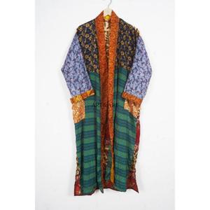 Kimono indio de seda pura con cuello en V y patchwork, vestido largo para mujer con cierre de cordón frontal, cómodo, suave, transpirable y elegante. - Product Image 3