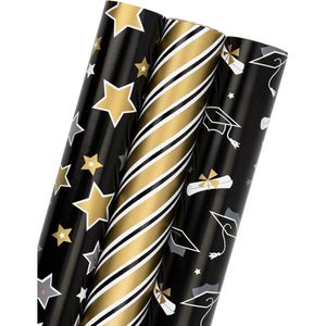 Papel de Regalo de Graduación con Diseño de Estrellas y Rayas Doradas sobre Fondo Negro, Rollo de 17 Pulgadas x 120 Pulgadas, Papel de Envolver de Primera Calidad - Product Image 1