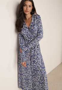 Navy <b>White</b> Damask <b>Wrap</b> Dress Collar Tie Waist Long Sleeve Midi Women Wholesale India - Product Image 2
