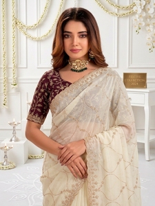 AARA Fashion Elegant Cream Silk <b>Saree</b> <b>Maroon</b> Blouse Traditional Wedding Wear Women India Pakistan Style Floor-Length Regular Fit - Product Image 3