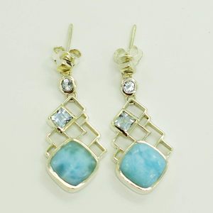 Boucles d'oreilles pendantes classiques de haute qualité en argent sterling 925 avec topaze bleue et larimar taille coussin, multi-pierres, pour femmes, cadeaux de fête - Product Image 2