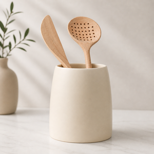 Premium Stoneware <b>Utensil</b> <b>Holder</b> Smooth Curve Design Matte Finish Thick Body Heat Resistant <b>Kitchen</b> Counter Storage Organizer - Product Image 1