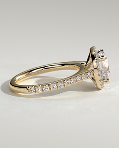 Anillo Solitario de Oro Sólido de 14K con Diamante Cultivado en Laboratorio de Corte Redondo Catedral y Halo, con Banda de Diamantes Engastados en Pavé, Joyería Fina - Product Image 4