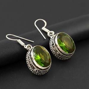 Peridot Dangle <b>Earrings</b> | Handmade Southwestern Statement Boho Western Jewelry. Oval Gemstone Handmade Drop Vintage Jewelry - Product Image 1