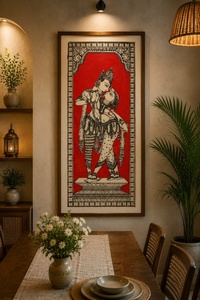 Pintura Tradicional de Arte Mural de Radha Krishna |   Obra de arte mitológica india hecha a mano |   Marco Decorativo para el Hogar de Estilo Étnico Rojo y Negro - Product Image 2
