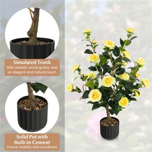 2 Pezzi Albero di Camelia Artificiale in Plastica da 38 Pollici con Vaso in Cemento Giallo per Matrimoni, Natale e Capodanno - Product Image 6
