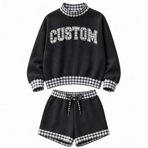 Conjunto de Sudadera Oversize con Cuello Alto y Pantalones Cortos para Mujer, 100% Algodón, Cuadros, Logotipo Personalizado Bordado, Ropa Casual - Product Image 1