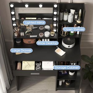 Miroir de Coiffeuse avec 3 Modes d'Éclairage, Luminosité Réglable, Grand Tiroir et Rangement à Trois Niveaux - Product Image 3