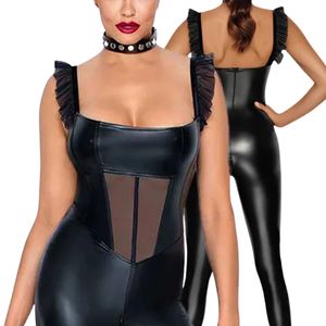 Mono de Mujer Negro con Recubrimiento de PU, Cuello Cuadrado, Manga con Volantes, Cintura Alta, Ajustado, Sexy, para Club - Product Image 3