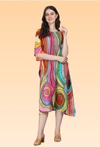 Vestido Corto Tipo Kaftán para Mujer – Estampado Étnico de Pavo Real en Amarillo y Verde, Túnica Holgada Festiva - Product Image 3