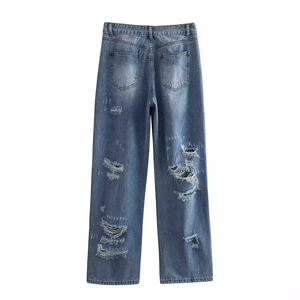 Jeans de Mujer Azul Medio Desgastado, Corte Recto, Algodón Denim, Talle Alto, Acabado Whisker Wash, Pantalones Casuales de Estilo Urbano - Product Image 2