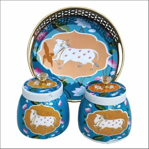 Elegant Metal Pichwai <b>Jar</b> with Tray Traditional Craft Antique Style <b>Decorative</b> Storage <b>Jar</b> for Temple Home Decor and Gift Item - Product Image 1