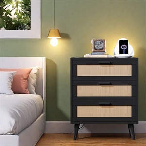 <b>Black</b> Wood and rattan Bedside Table with Three Drawers <b>Black</b> Rattan Nightstand for Modern Boho Bedroom <b>Storage</b> - Product Image 1