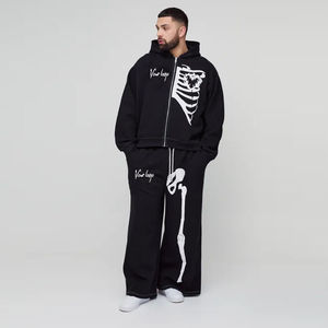 Custom <b>Skeleton</b> Graphic Hoodie Tracksuit Set Black Casual Streetwear Athletic Sportswear Two Piece Outfit Wholesale OEM - Product Image 6