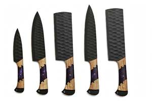 Ensemble de couteaux de cuisine artisanaux 5 pièces en acier à haute teneur en carbone martelé avec manche hybride en résine violette et bois, ensemble de couverts de chef - Product Image 2