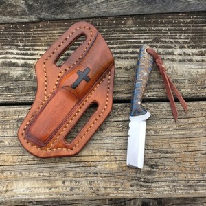 Custom Handmade J2 Steel Bull Cutter Knife Blue Resin <b>Pinecone</b> Handle Fixed Blade Knife with Cross Stamped Leather Sheath - Product Image 1