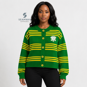 Cardigan en tricot rayé pour femmes de la sororité Chi Eta Phi, boutonné, manches longues, col rond, vert jaune, brodé, pull décontracté - Product Image 5