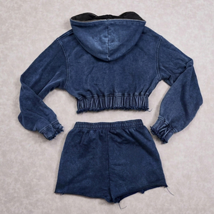 Women's Two Piece Custom Logo <b>Crop</b> Hoodie Short <b>Set</b> <b>Top</b> Selling Customized Women Acid Wash <b>Crop</b> <b>Top</b> Hoodie Short <b>Set</b> - Product Image 2