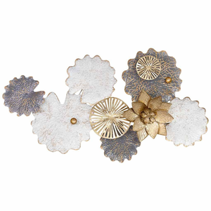 Élégant Panneau Mural Métallique Floral Or Blanc et Charbon Sculpture Botanique pour Salon Chambre Intérieur Moderne - Product Image 1