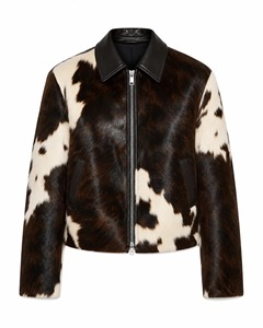 Blouson Moto Homme en Cuir de Vachette Véritable avec Fourrure, Noir et Blanc, Fermeture Éclair Asymétrique, Style Western Streetwear, Vente en Gros - Product Image 1