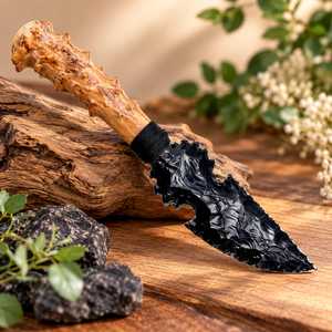Poignard en obsidienne noire taillée à la main avec manche en résine d'antlers de cerf, lame en pierre artisanale de style viking, objet de collection, cadeau - Product Image 6