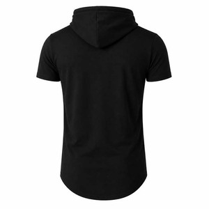 Mens Black Solid Slim Fit Hooded <b>Short</b> <b>Sleeve</b> T Shirt Long Casual Unlined Pullover <b>Hoodie</b> - Product Image 2