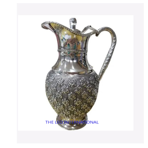 Stylish Fancy Unique Designer Hammered Texture Silver Shiny Polished Heavy Duty Metal Drinkware Fancy <b>Jug</b> With Golden Handles - Product Image 4