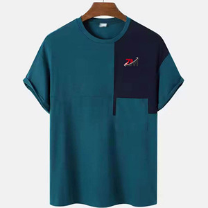 เสื้อยืดผู้ชายคอโอ แขนสั้น ผ้าถัก ระบายอากาศดี สีตัดต่อ มีโลโก้ด้านหน้า ทรงโอเวอร์ไซส์ ขายส่ง รับผลิตตามแบบ - Product Image 1