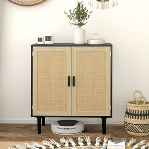 Modern Bohemian <b>Sideboard</b> 31.5\" Wood Buffet Cabinet with 2 Rattan Doors and Shelves Black for Living Room Hallway - Product Image 2