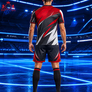 ชุดเสื้อฟุตบอลสีแดงดำแบบซับลิเมชั่นพร้อมกางเกงขาสั้น ชุดยูนิฟอร์มฟุตบอลสำหรับผู้ใหญ่ ผ้าโพลีเอสเตอร์ระบายอากาศ ตรวจจับรอยตะเข็บด้วยเข็ม - Product Image 5