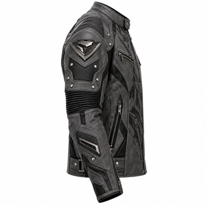 Chaqueta de Motociclista de Cuero Gris Oscuro para Hombre, Cuello Alto, Cierre de Cremallera, Chaqueta de Motero con Patrón Geométrico, Resistente al Viento, para Otoño - Product Image 3